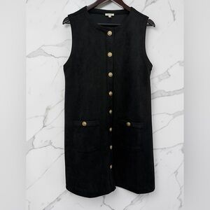 JODIFL Black Sleeveless Mini Dress with Gold Buttons and Patch Pockets